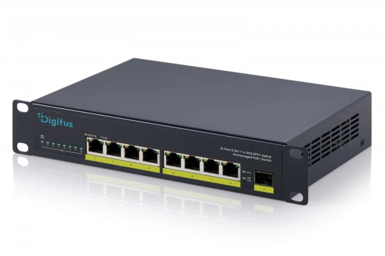 Digitus Przełącznik sieciowy niezarządzalny PoE+ 10" 8x RJ45 2.5G, 1x SFP+ 10G, 60Gbps, budżet 80W, 802.3af/at, metalowy, bez wentylatora, Plug&Play