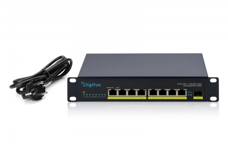 Digitus Przełącznik sieciowy niezarządzalny PoE+ 10" 8x RJ45 2.5G, 1x SFP+ 10G, 60Gbps, budżet 80W, 802.3af/at, metalowy, bez wentylatora, Plug&Play