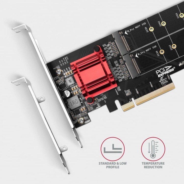 AXAGON PCEM2-ND Kontroler PCIe x 8, 2x slot M.2 NVMe M-key RAID wsparcie dla płyt bez bifurkacji, w zestawie, SP &amp; LP