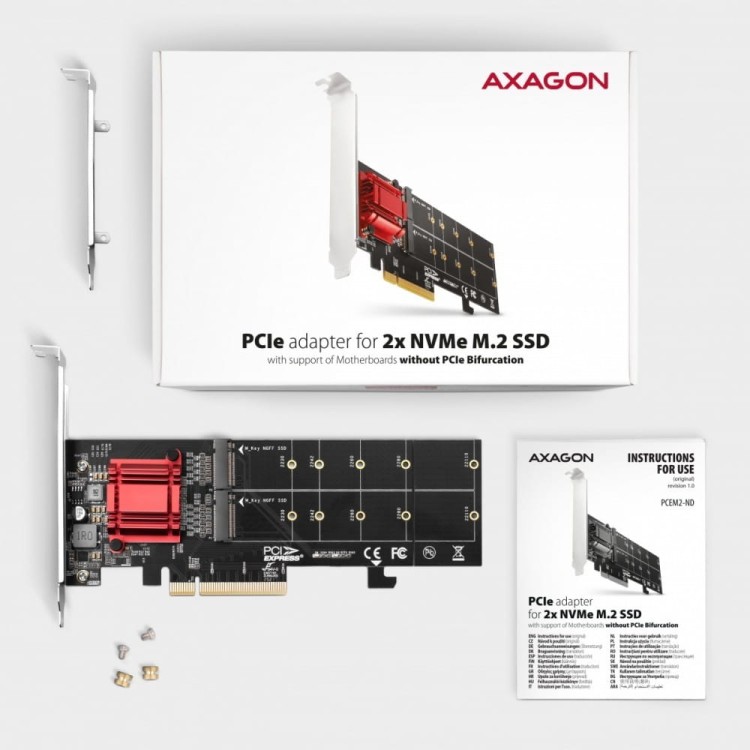 AXAGON PCEM2-ND Kontroler PCIe x 8, 2x slot M.2 NVMe M-key RAID wsparcie dla płyt bez bifurkacji, w zestawie, SP &amp; LP