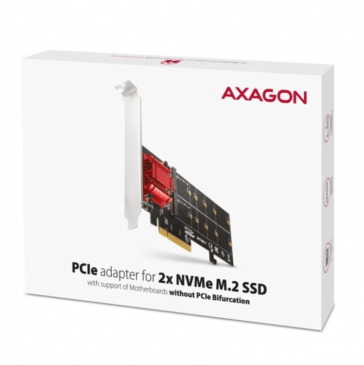 AXAGON PCEM2-ND Kontroler PCIe x 8, 2x slot M.2 NVMe M-key RAID wsparcie dla płyt bez bifurkacji, w zestawie, SP &amp; LP