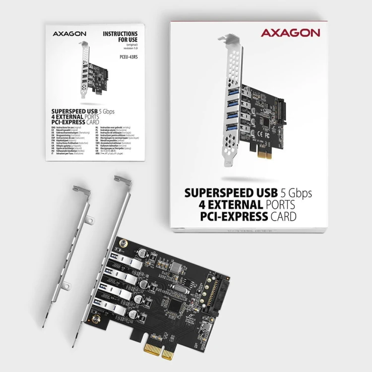AXAGON PCEU-43RS Kontroler PCIe 4x port USB 3.2 GEN 1, UASP, chipset Renesas, 15-pin SATA zasilacz, dual power