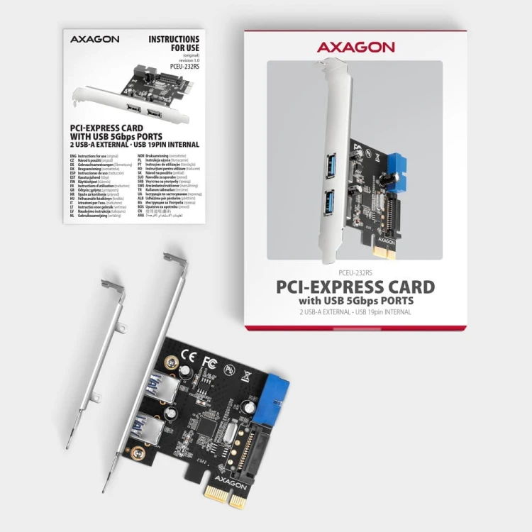 AXAGON PCEU-232RS Kontroler PCIe 2+2x port USB 3.2 GEN 1, UASP, SP &amp; LP 15-pin SATA zasilacz