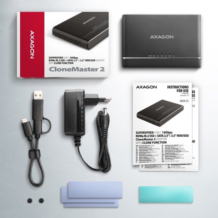 AXAGON ADSA-CC Adapter USB-C 10Gbps NVMe M.2 2.5/3.5 SSD&amp;HDD Clone Master 2