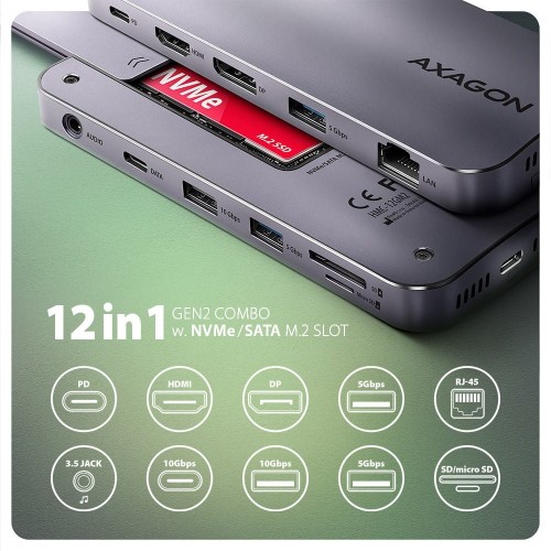 AXAGON HMC-12GM2 Wieloportowy hub USB 12in1 + M.2 NVMe/SATA pozycja, 10Gbps, 3x USB-A, USB-C, HDMI 4K/60Hz, DP 4K/60Hz, GLAN, SD/microSD, audio, PD 10
