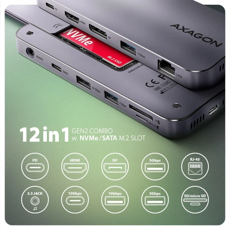 AXAGON HMC-12GM2 Wieloportowy hub USB 12in1 + M.2 NVMe/SATA pozycja, 10Gbps, 3x USB-A, USB-C, HDMI 4K/60Hz, DP 4K/60Hz, GLAN, SD/microSD, audio, PD 10