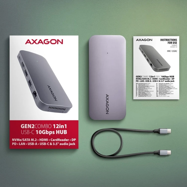 AXAGON HMC-12GM2 Wieloportowy hub USB 12in1 + M.2 NVMe/SATA pozycja, 10Gbps, 3x USB-A, USB-C, HDMI 4K/60Hz, DP 4K/60Hz, GLAN, SD/microSD, audio, PD 10