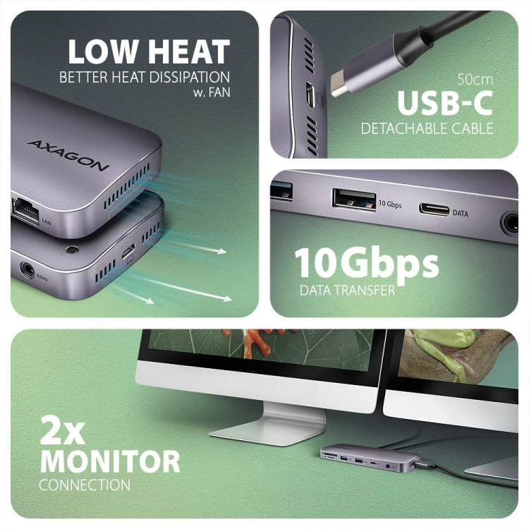 AXAGON HMC-12GM2 Wieloportowy hub USB 12in1 + M.2 NVMe/SATA pozycja, 10Gbps, 3x USB-A, USB-C, HDMI 4K/60Hz, DP 4K/60Hz, GLAN, SD/microSD, audio, PD 10