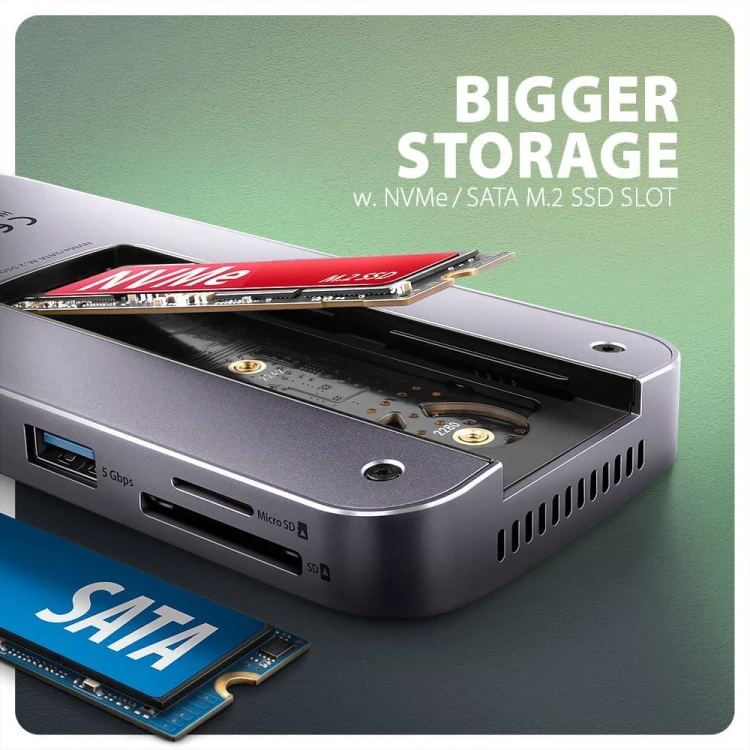 AXAGON HMC-12GM2 Wieloportowy hub USB 12in1 + M.2 NVMe/SATA pozycja, 10Gbps, 3x USB-A, USB-C, HDMI 4K/60Hz, DP 4K/60Hz, GLAN, SD/microSD, audio, PD 10