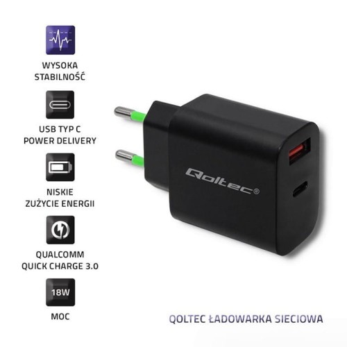 Qoltec Ładowarka sieciowa | 18W | 5-12V | 1.5-3A | USB typ C PD |       USB QC 3.0 | Czarna