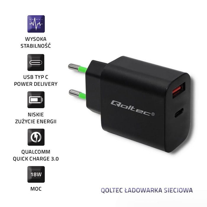 Qoltec Ładowarka sieciowa | 18W | 5-12V | 1.5-3A | USB typ C PD |       USB QC 3.0 | Czarna