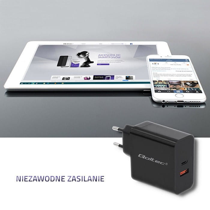 Qoltec Ładowarka sieciowa | 63W | 5-20V | 1.5-3A | USB typ C PD |       USB QC 3.0 | Czarna
