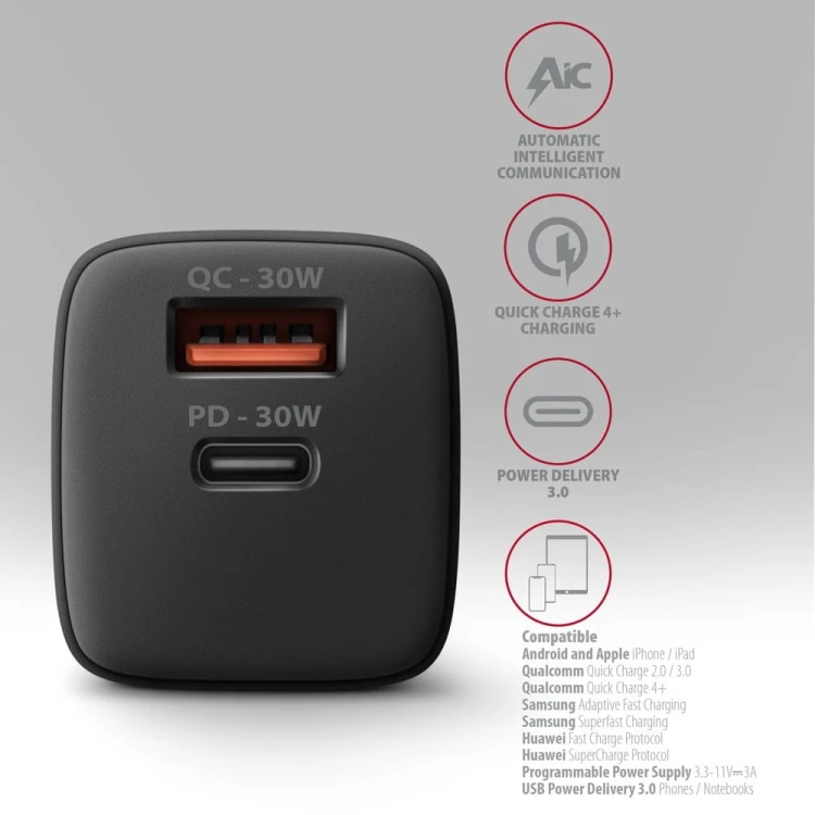 AXAGON ACU-PQ30 Ładowarka sieciowa, PD &amp; QC 30W, QC3.0,4.0/AFC/FCP/PPS/Apple, Czarna