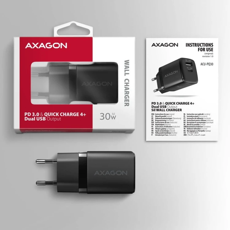 AXAGON ACU-PQ30 Ładowarka sieciowa, PD &amp; QC 30W, QC3.0,4.0/AFC/FCP/PPS/Apple, Czarna