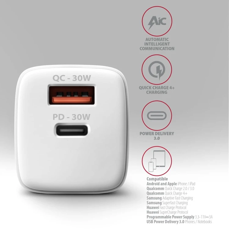 AXAGON ACU-PQ30W Ładowarka sieciowa PD &amp; QC 30W, QC3.0,4.0/AFC/FCP/PPS/Apple Biała