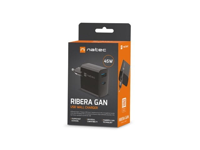 Natec Ładowarka sieciowa Ribera GAN 1X USB-A + 1X USB-C 45W Czarna