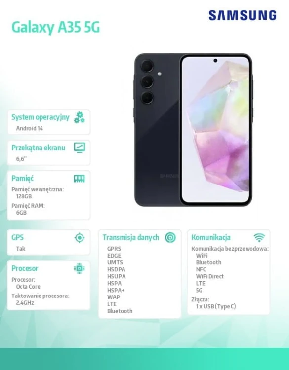 Samsung Smartfon GALAXY A35 DualSIM 5G 6/128GB Enterprise Czarny