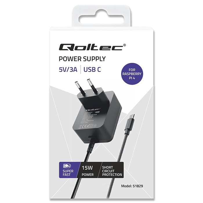 Qoltec Ładowarka Super FAST PD for Raspberry PI 4 | USB-C | 15W | 5V |  3A | Czarna