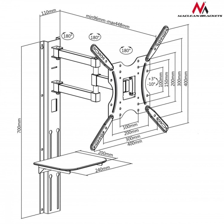 Maclean Uchwyt TV 32"-55" z półką na DVD 30kg VESA 400x400 MC-772