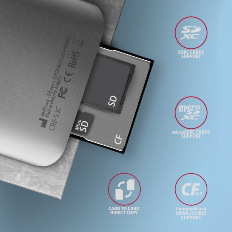 AXAGON CRE-S3C Czytnik zewnętrzny kart USB-C 3.2 GEN 1, 3-slot &amp; lun SD/microSD/CF, obsługa UHS-II
