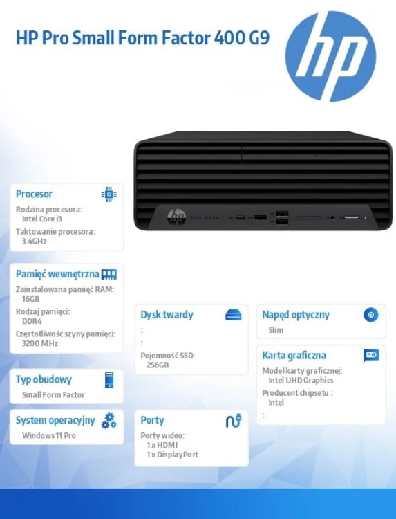 HP Inc. Komputer stacjonarny Pro Small Form Factor 400 G9 i3-13100 256GB/16GB/DVD/W11P  881J2EA