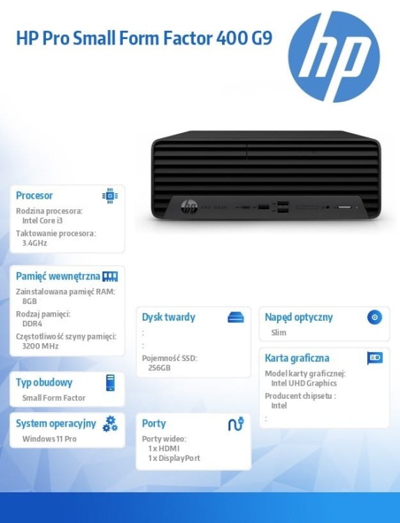 HP Inc. Komputer stacjonarny Pro Small Form Factor 400 G9 i3-13100 256GB/8GB/DVD/W11P  6U4Y5EA