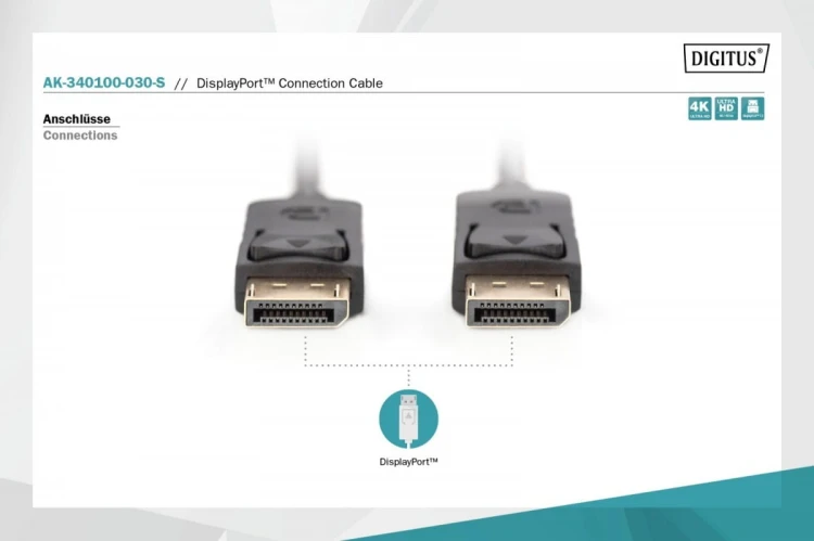 Digitus Kabel połączeniowy DisplayPort z zatrzaskami 4K 60Hz UHD Typ DP/DP M/M czarny 3m