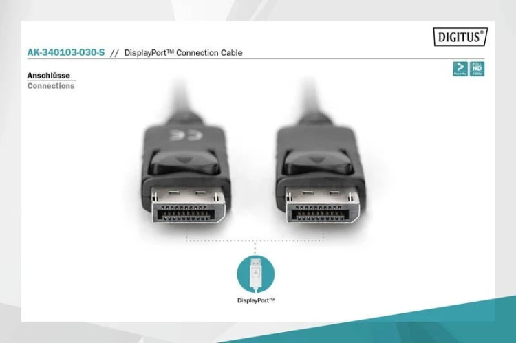 Digitus Kabel połączeniowy DisplayPort z zatrzaskami 1080p 60Hz FHD Typ DP/DP M/M czarny 3m