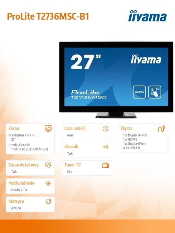 IIYAMA Monitor 27 T2736MSC-B1 AMVA, 10pkt, pojemnościowy, HDMI, DP, USB