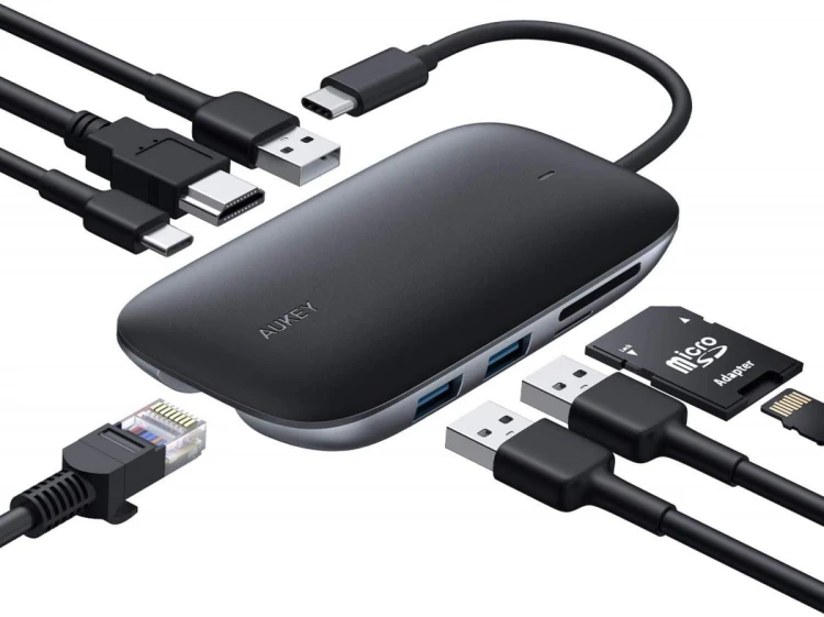 AUKEY CB-C71 aluminiowy HUB USB-C | 8w1 | RJ45 Ethernet 10/100/1000Mbps | 3xUSB 3.1 | HDMI 4k@30Hz | SD i microSD | USB-C Power Delivery 100W