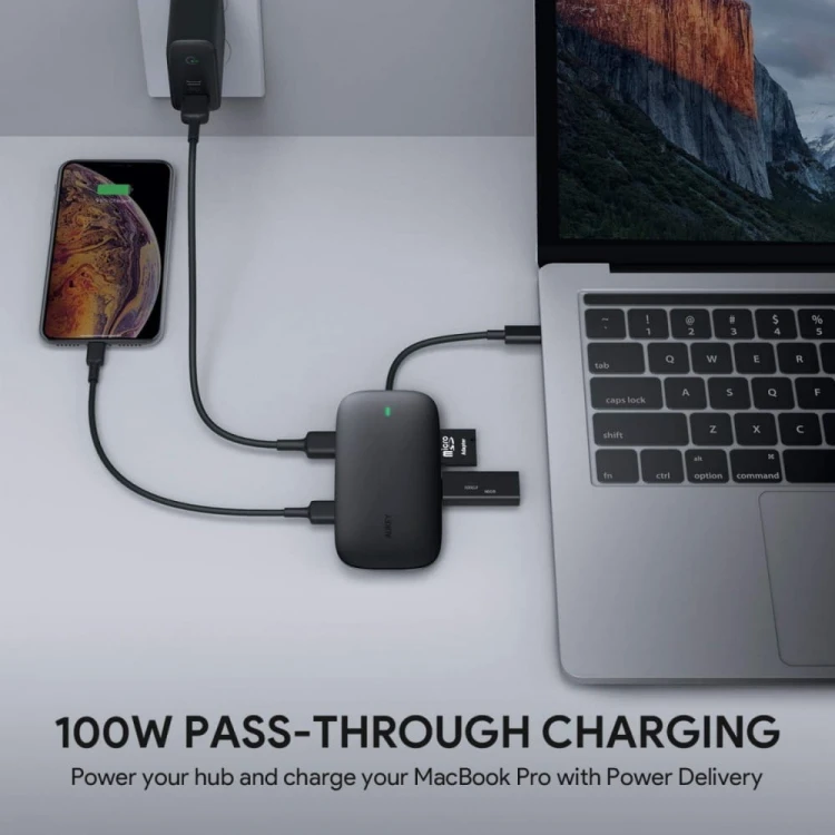 AUKEY CB-C71 aluminiowy HUB USB-C | 8w1 | RJ45 Ethernet 10/100/1000Mbps | 3xUSB 3.1 | HDMI 4k@30Hz | SD i microSD | USB-C Power Delivery 100W