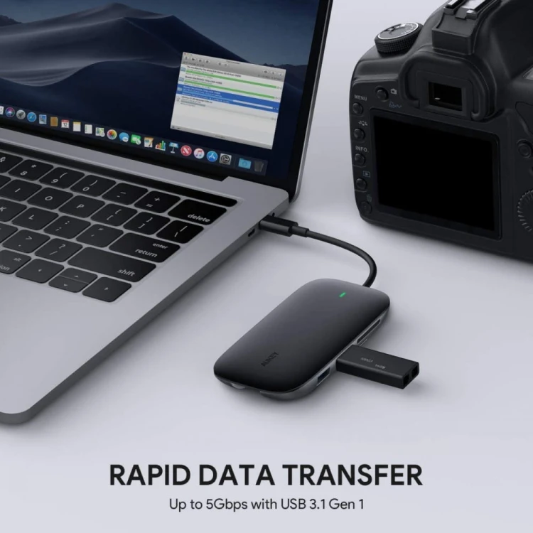 AUKEY CB-C71 aluminiowy HUB USB-C | 8w1 | RJ45 Ethernet 10/100/1000Mbps | 3xUSB 3.1 | HDMI 4k@30Hz | SD i microSD | USB-C Power Delivery 100W