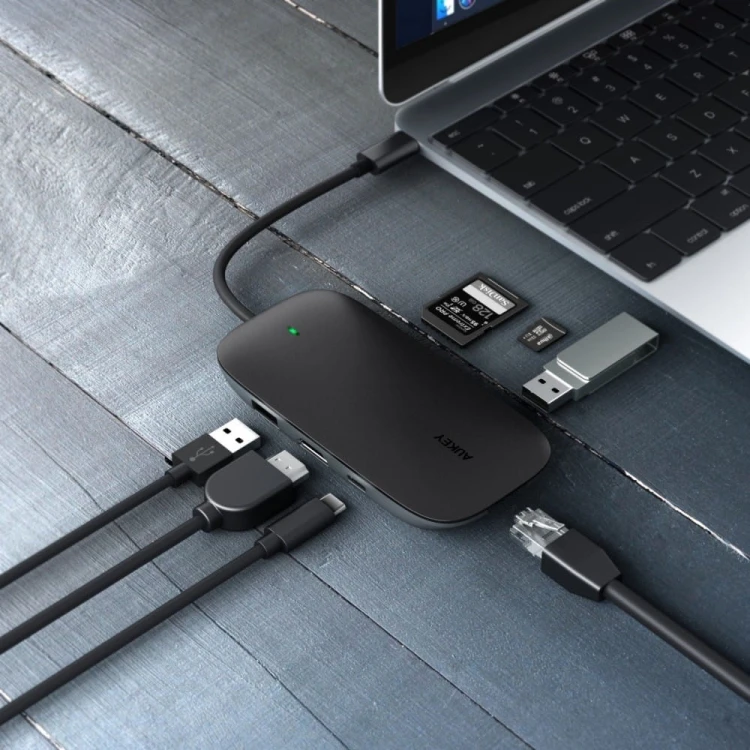 AUKEY CB-C71 aluminiowy HUB USB-C | 8w1 | RJ45 Ethernet 10/100/1000Mbps | 3xUSB 3.1 | HDMI 4k@30Hz | SD i microSD | USB-C Power Delivery 100W