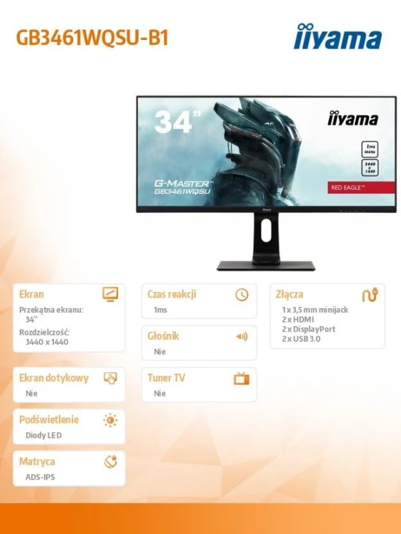 IIYAMA Monitor 34 cale GB3461WQSU-B1 IPS,UWQHD,144HZ,1MS,USB3.0,2xHDMI,2xDP.