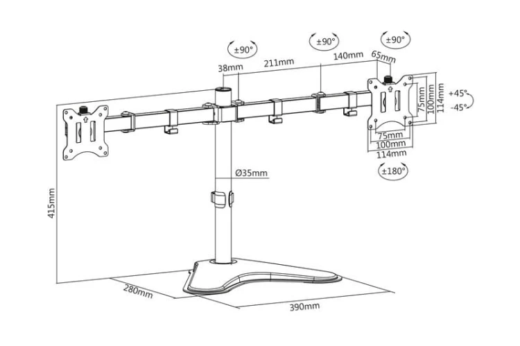 Digitus Stojak biurkowy podwójny z zaciskiem 2xLCD max. 32" max. Obciążenie 2x 8kg uchylno-obrotowy czarny