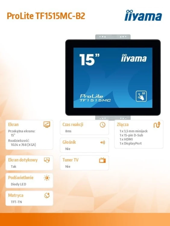 IIYAMA Monitor 15 cali ProLite TF1515MC-B2 poj.10pkt,pianka,4:3,TN