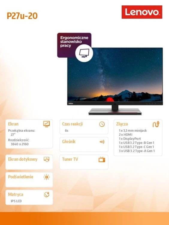 Lenovo Monitor 27.0 ThinkVision P27u-20 WLED LCD 62CBRAT6EU