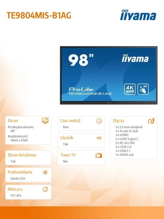 IIYAMA Monitor 98 cali TE9804MIS-B1AG PureTouch-IR,IPS,24/7,4K,USB-C