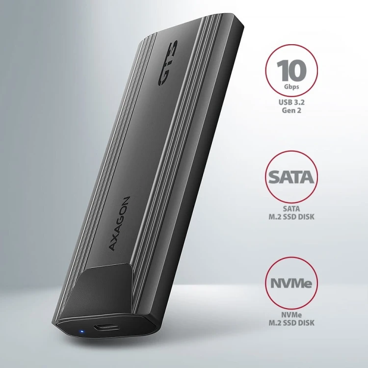 AXAGON EEM2-GTS2 Obudowa zewnętrzna aluminiowa bezśrubowa USB-C 3.2 Gen 2 M.2 NVMe &amp; SATA SSD + USB-A - USB-C redukcja