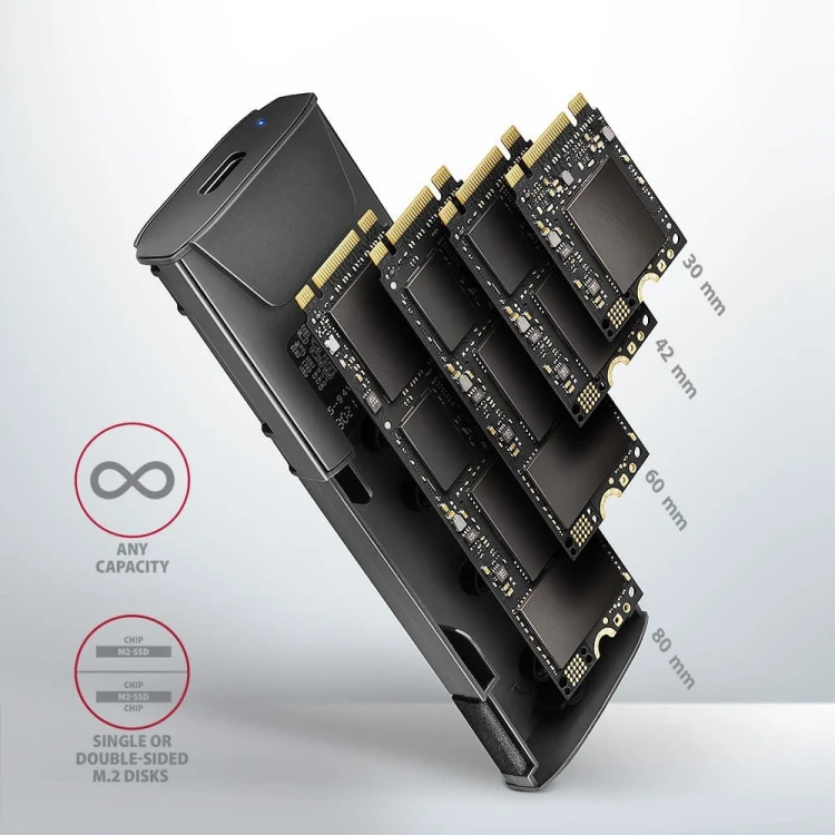 AXAGON EEM2-GTS2 Obudowa zewnętrzna aluminiowa bezśrubowa USB-C 3.2 Gen 2 M.2 NVMe &amp; SATA SSD + USB-A - USB-C redukcja