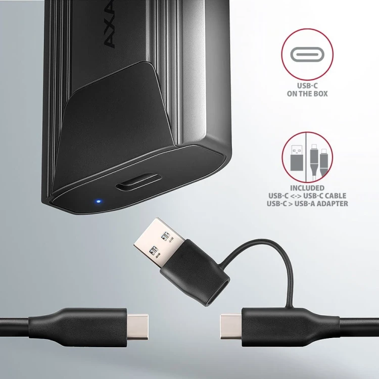 AXAGON EEM2-GTS2 Obudowa zewnętrzna aluminiowa bezśrubowa USB-C 3.2 Gen 2 M.2 NVMe &amp; SATA SSD + USB-A - USB-C redukcja