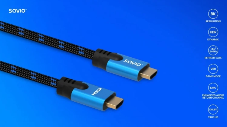 Savio Kabel HDMI (M) v2.1, 3m, 8K, miedź, niebiesko-czarny, złote końcówki, ethernet/3D, CL-143