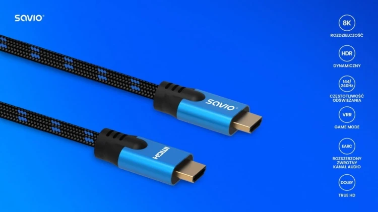 Savio Kabel HDMI (M) v2.1, 3m, 8K, miedź, niebiesko-czarny, złote końcówki, ethernet/3D, CL-143