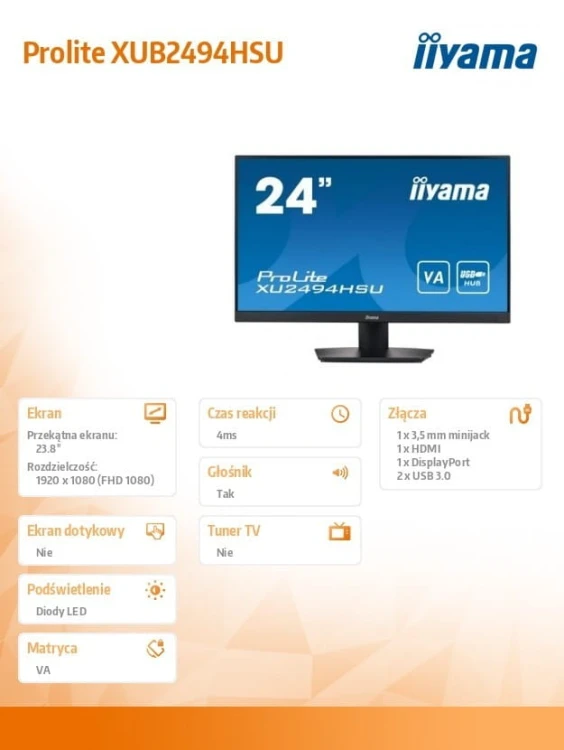 IIYAMA Monitor 23.8 cale XU2494HSU-B2 VA,FHD,HDMI,DP,2xUSB3.0,SLIM,2x2W