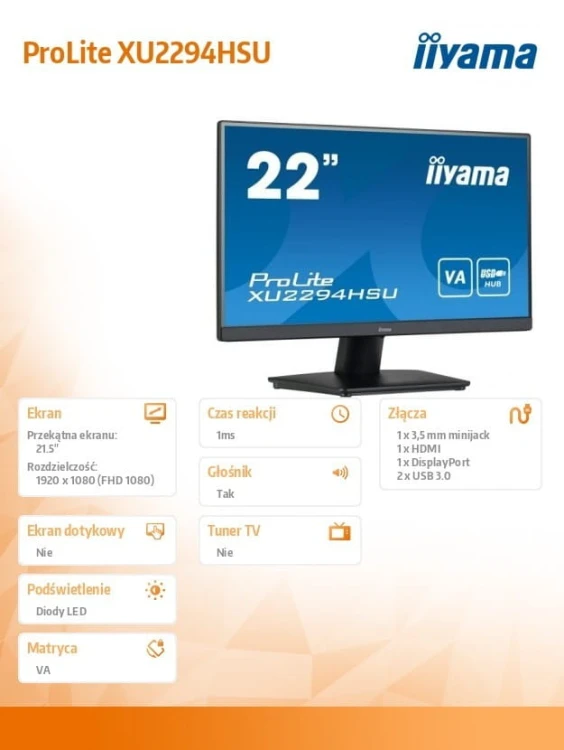 IIYAMA Monitor 21.5 cala XU2294HSU-B2 VA,FHD,HDMI,DP,USB3.0,2x2W,VESA