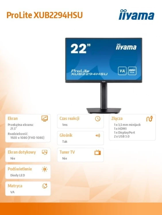IIYAMA Monitor 21.5 cala XUB2294HSU-B2 VA,FHD,HDMI,DP,USB3.0,VESA,2x2W