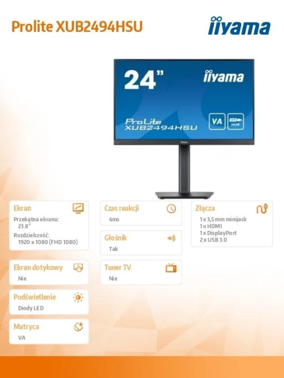 IIYAMA Monitor 23.8 cala XUB2494HSU-B2 VA,FHD,HDMI,DP,2xUSB3.0,HAS,2x2W