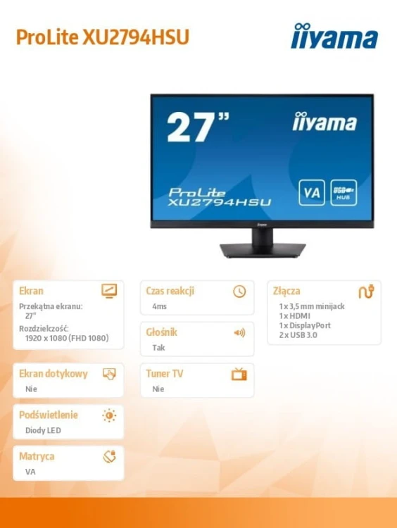 IIYAMA Monitor 27 cali XU2794HSU-B1 VA,FHD,HDMI,DP,USB3.0