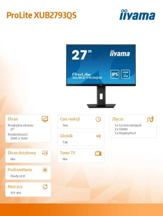 IIYAMA Monitor 27 cali XUB2793QS-B1 IPS,WQHD,2xHDMI,DP,2x2W,HAS,300cd/m2