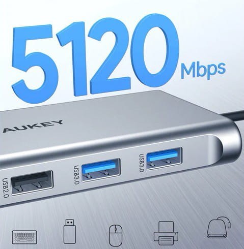 AUKEY CB-C89 aluminiowy Hub USB-C | 10w1 | RJ45 Ethernet 10/100/1000Mbps | 4xUSB | HDMI 4k@30Hz | SD i microSD | USB-C Power Delivery 100W
